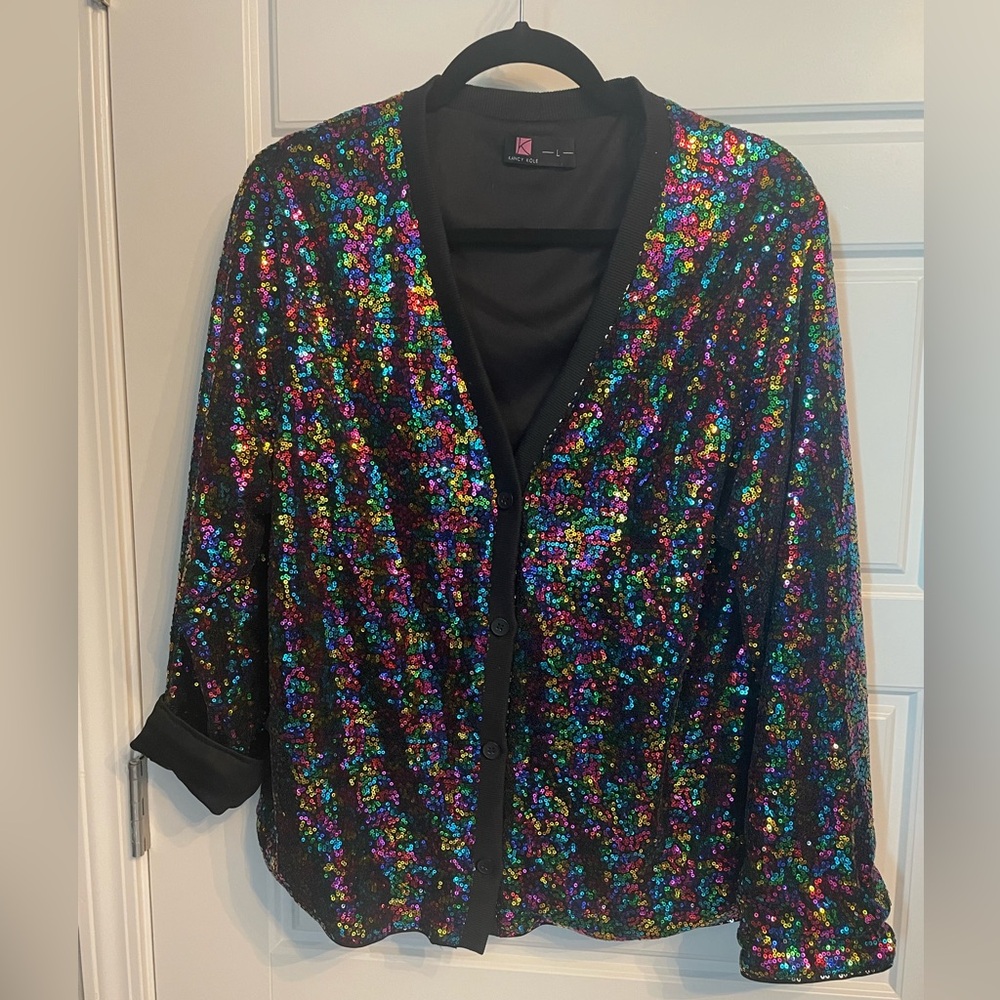 Fun Multi colored sequin V-Neck button down sweater/jacket
